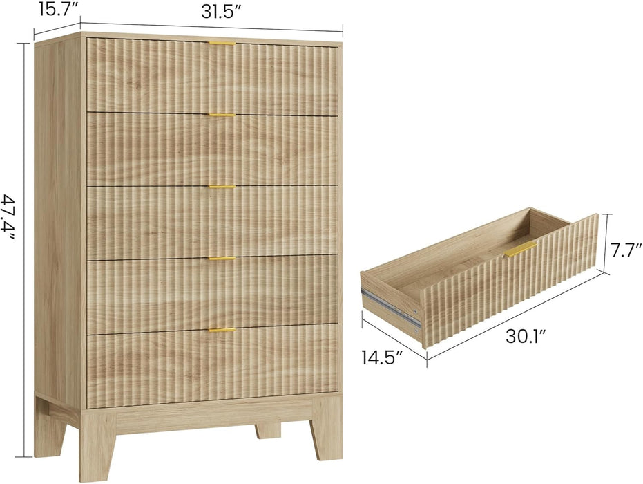 5 Drawer Dresser for Bedroom, 47" Tall Fluted Chest of Drawers with Metal Handle, Modern Wooden Dresser TV Stand, Clothes Storage Organizer Wood Closet for Hallway, Entryway, Natural Oak