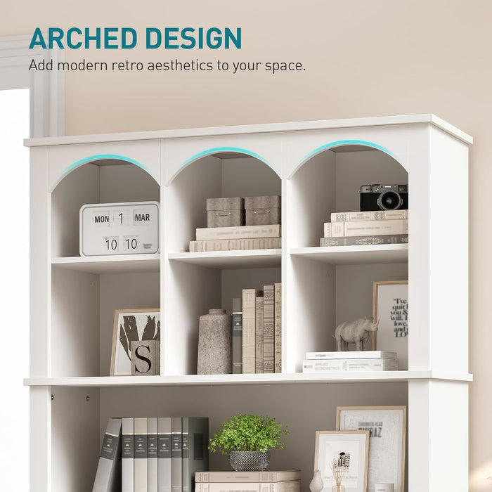 73.2" Tall Farmhouse Arched Bookshelf with Drawer and Door, 6 Tier Mid Century Modern Book Shelf and Bookcase with Storage, Floor Standing Display Cabinet for Living Room, Home Office, White