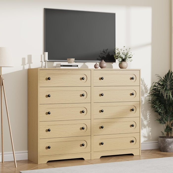 for Bedroom, 50" Tall Large Dresser with Deep Drawers & Metal Knobs, Wooden Mid Century Modern Chest of Drawers for Living Room, Entryway, Hallway, Natural