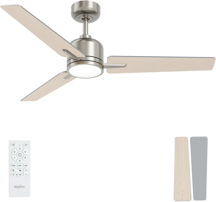 52 Inch Ceiling Fans with Lights and Remote, Brushed Nickel Ceiling Fan, 6 Speed Reversible, 3CCT, Dimmable, Noiseless, 3 Blades, Quiet DC Motor, Silver Ceiling Fan for Bedroom, Indoor and Outdoor