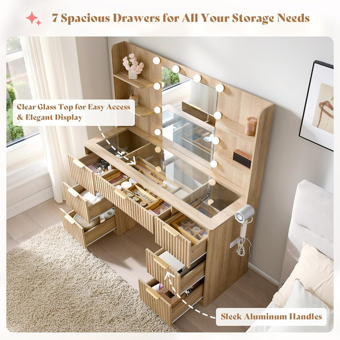 47.2" Fluted Vanity Desk with Mirror and Adjustable LED Lights, Large 7 Drawers Makeup Table with Glass Top and Charging Station for Women and Girls, Bedroom or Dorm, Natural Oak