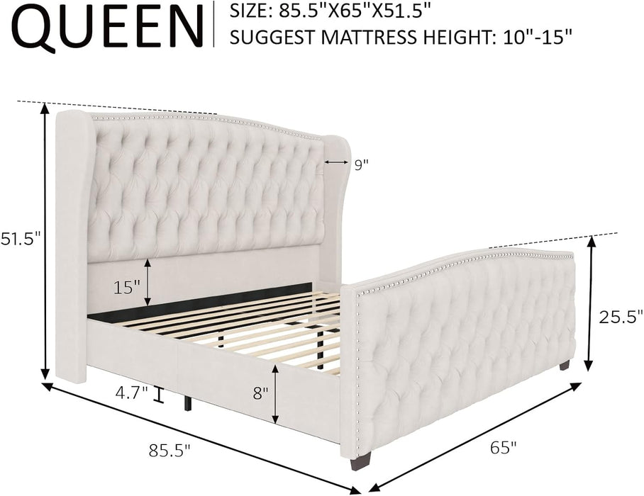 Queen Size Platform Bed Frame, Velvet Upholstered Bed with Deep Button Tufted & Nailhead Trim Wingback Headboard/No Box Spring Needed/Cream