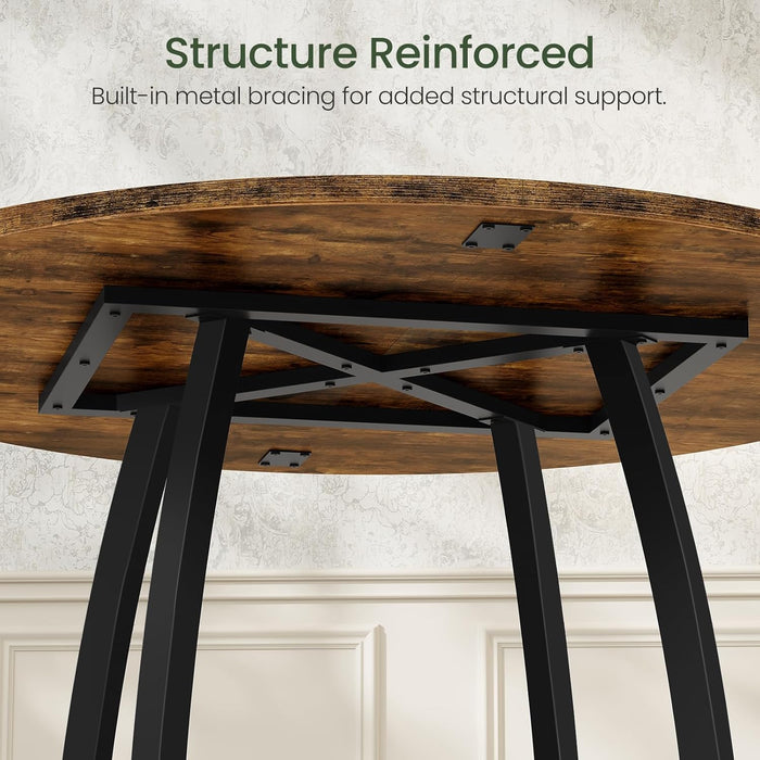 47.2-Inch round Dining Table for 4, Kitchen Dining Room Circle Dinner Pedestal Table, Farmhouse Kitchen Table with Retro Brown Tabletop, Curved Black Metal Legs, Easy Assembly TCZ13BFC1