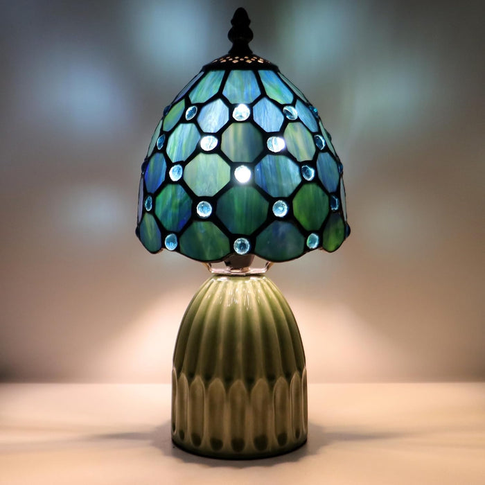 Tiffany Stained Glass Mushroom Table Lamp 12.5 Inch -Sea Blue Pearl