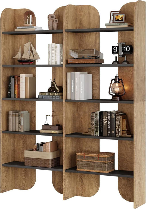 70.87" Tall Farmhouse Bookshelf, 5-Tier Double Wide Bookcase with Open Shelves, Vintage Bookshelf for Living Room, Office, Study Room, Bedroom（Brown）