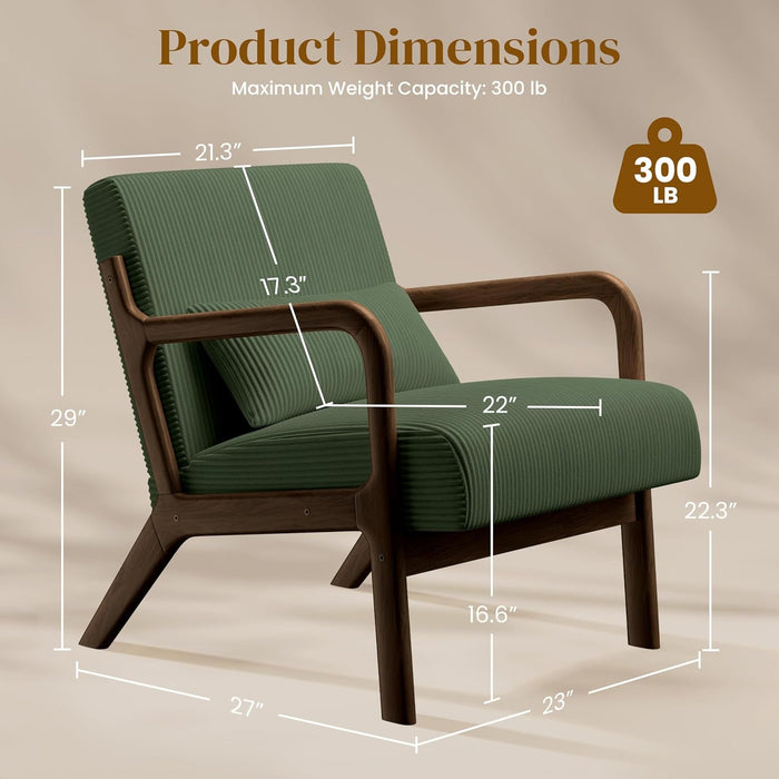 Accent Chair for Living Room, Corduroy Mid Century Modern Reading Armchairs with Lumbar Pillow for Bedroom, Decorative Sofa Chair for Adult Dark Green/Set of 2