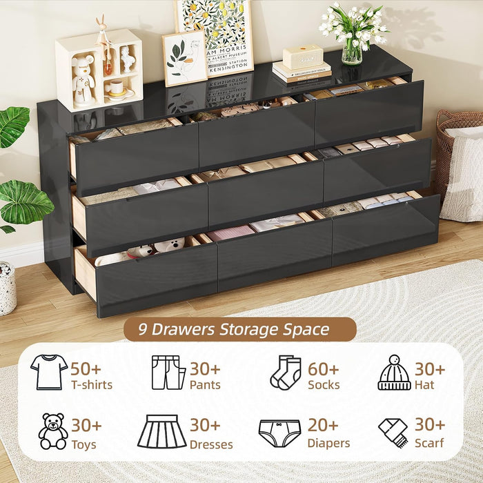 High Gloss Dresser for Bedroom, 60.2" Wide 9 Drawer Dresser, Black