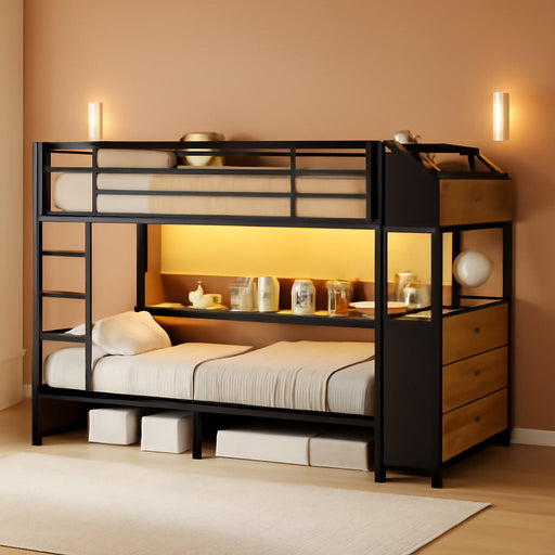 Twin over Twin Bunk Bed with 6 Storage Drawers,Led Lights and Charging Station Metal Bunk Beds with Side Bookcase,3 Storage Boxes &Shelf,L-Shaped Bunk Bed with Safety Guardrail and Ladder,Black