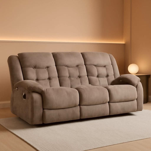 Reclining Couch for Living Room, Extra Wide Modern Overstuffed 3 Seat Recliner Manual Sofa Breathable Fabric and Padded Cushion, Light Brown