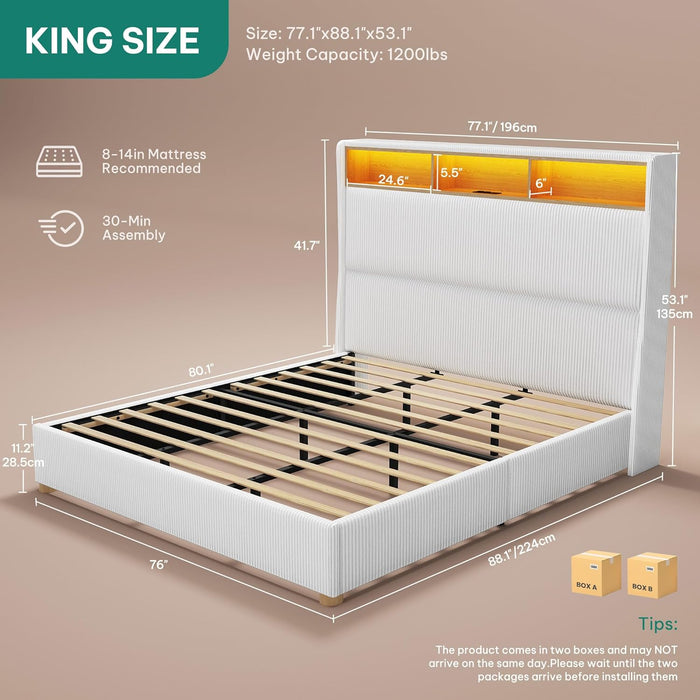 King Size Corduroy Upholstered Platform Bed Frame with Charging Station and RGB LED Lights, 53’’ Tall Storage Wingback Headboard, No Box Spring Needed, Easy Assembly, Noise-Free, White