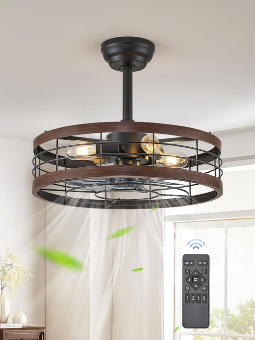 20 Inch Fandelier Caged Ceiling Fan with Light, Bladeless Ceiling Fan with Remote, Farmhouse Fan Lights Ceiling Fixtures for Kitchen, Bedroom, Outdoor(6 Speed, Timing) - Walnut