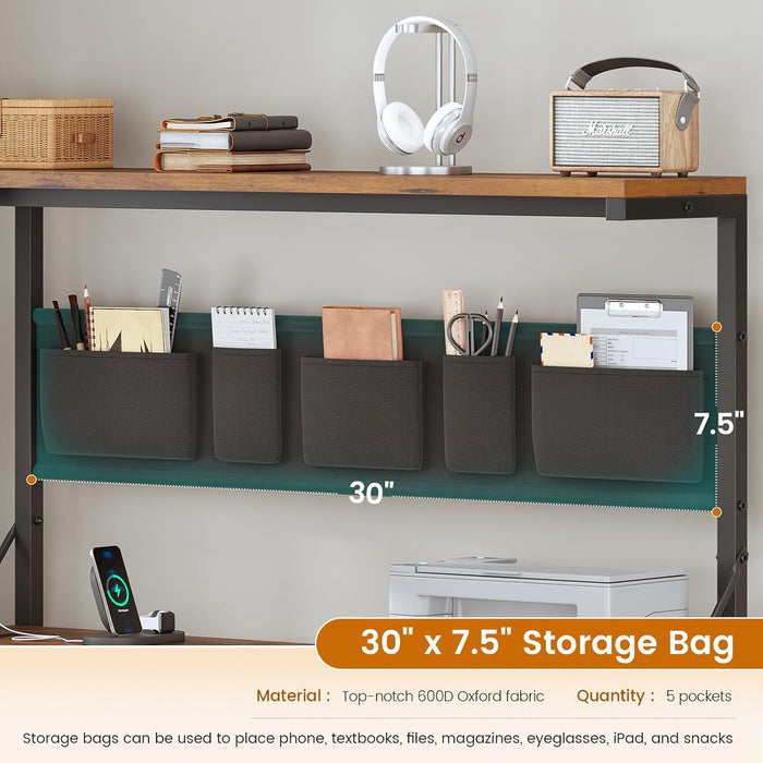 L Shaped Desk with Drawers and Hutch, 47.2" Reversible Office Computer Desk with 5 Fabric Drawers, L Shaped Desk with Storage Shelves, Power Outlet and LED Lights for Home Office, Rustic Brown