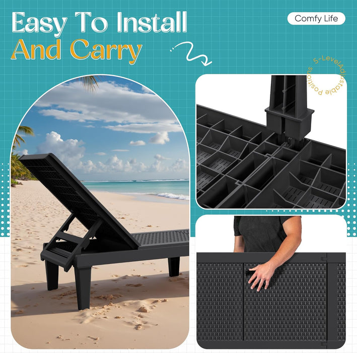 Outdoor Chaise Lounge Chairs Set of 2 with 5-Position Adjustable Backrest, Waterproof PP Sun Loungers for Garden Pool Beach Patio Deck Sunbathing, Black