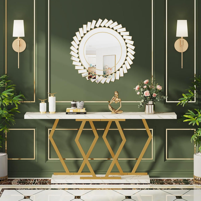 70.9 Inch Extra Long Sofa Table， White and Gold Console Table with Faux Marble Tabletop, Modern Long Entryway Table with Gold Frame