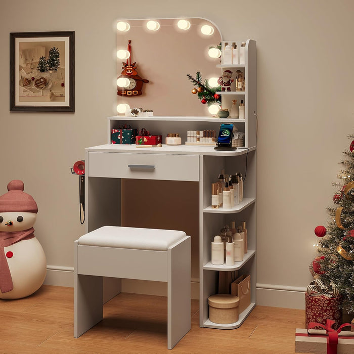 Makeup Vanity with Chair, Small Vanity Desk with Mirror and Lights 3 Colors, Girls Vanity Set with Power Outlet, Compact Vanity Table for Small Space, White
