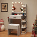 Makeup Vanity with Chair, Small Vanity Desk with Mirror and Lights 3 Colors, Girls Vanity Set with Power Outlet, Compact Vanity Table for Small Space, White
