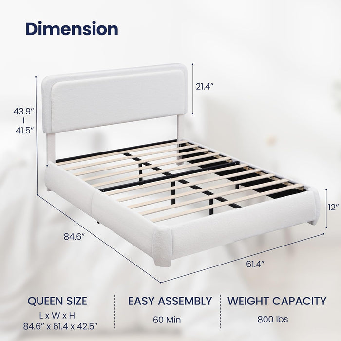 Queen Size Upholstered Cloud Bed Frame with Adjustable Headboard, Modern Platform Bed with Boucle Fabric Wood Slat, Low Profile, No Box Spring Needed, Easy Set Up, White
