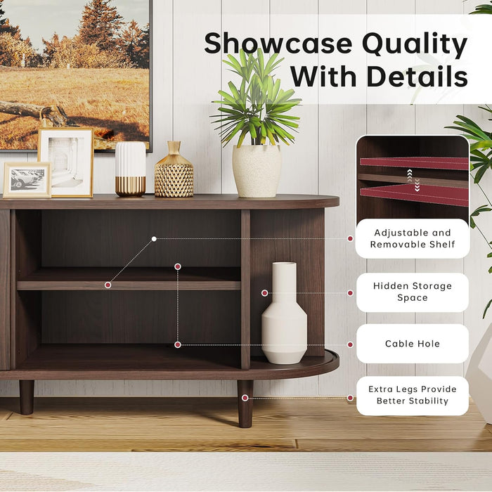 70" Mid Century Modern TV Stand with Sliding Doors, Wood Entertainment Center with Storage and Adjustable Shelves, Fluted Media TV Consoles for Living Room, Walnut