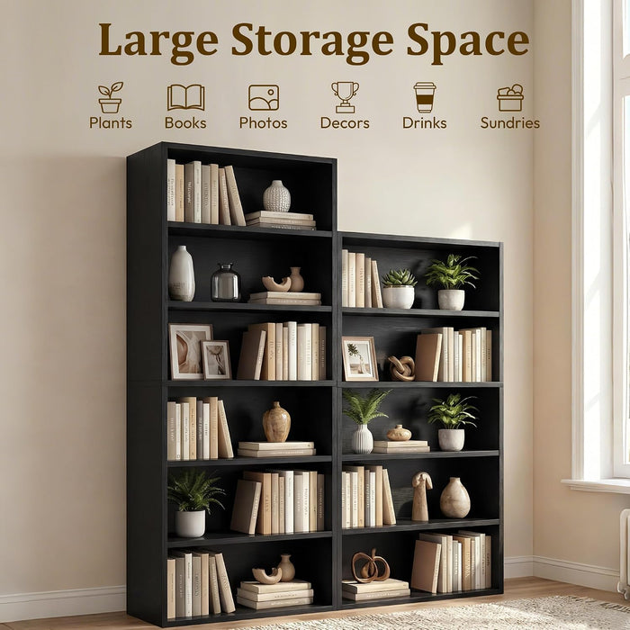 Black Tall Bookshelf with Adjustable Shelf, 6 Tier Display Storage Shelves | 63 Inch Tall, Floor Standing Wood Shelves with Anti-Toppling Kits, Modern Open Bookshelf for Bedroom, Home Office