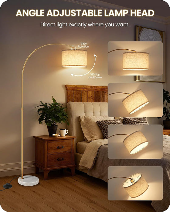 75" Dimmable Gold Arc Floor Lamp with Marble Base, Adjustable Height, Beige