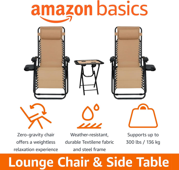 Outdoor Textilene Adjustable Zero Gravity Folding Reclining Lounge Chair Set with Cup Holder, Side Table, Headrest, Weather-Resistant, 35 X 26 X 43 Inches, Beige, 2-Pack
