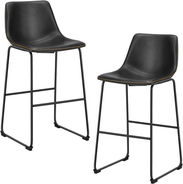 Bar Stools Set of 2, Faux Leather Barstools with Metal Legs | Counter Height 30 Inch Design, Armless with Back, Comfortable, Modern Finish, Kitchen Island, Black