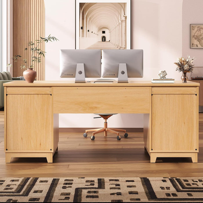 55.1" Fluted Office Desk with 6 Drawers, Modern Executive Desk with Acrylic File Drawers, Computer Desk with Power Outlets for Home Office and Study, Natrual