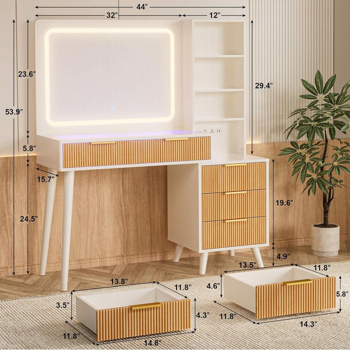 44" Vanity Desk with Mirror and Lights, Makeup Vanity Desk with Power Outlet, Makeup Desk with 5 Drawers&Storage Shelves, Vanity Table 3 Color Adjustable Brightness Dressing Table Set for Bedroom
