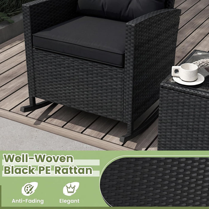 3 Pieces Patio Rocking Chair, Black Wicker Bistro Set (Black)