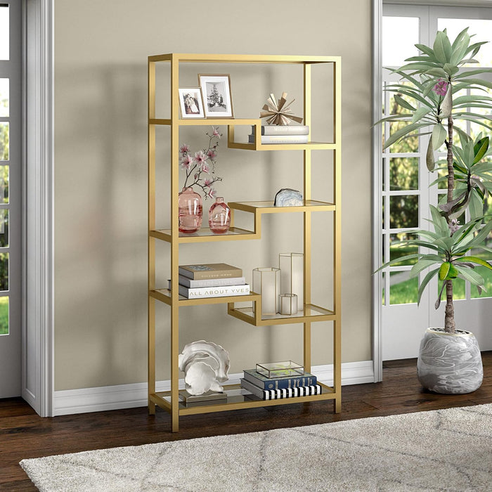 Henn&Hart 68" Tall Rectangular Bookcase in Brass, for Home Office, Living Room | Open Glass Shelving Displays Books, Plants, and Décor in Living Rooms, Offices, or Entryways While Keeping Spaces Bright