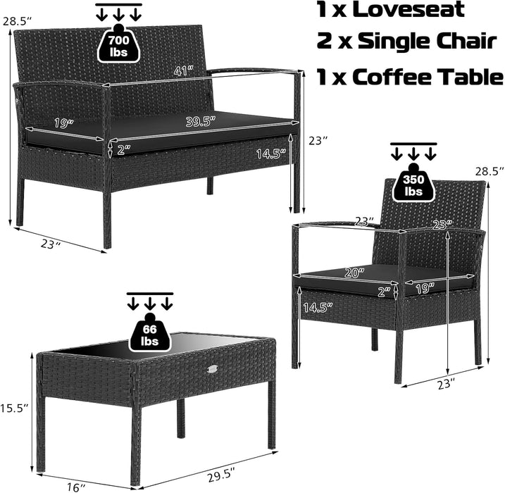 4 Piece Patio Rattan Conversation Set, Outdoor Wicker Furniture Set W/Glass Coffee Table, Solid Steel Structure, Ergonomic Seat, Suitable for Garden, Courtyard, Balcony, Poolside