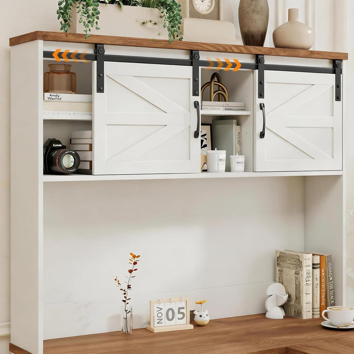 Farmhouse 68" H L Shaped Desk with Hutch,Office Table with 3 Drawers and Sliding Doors, Executive Desk with File Drawers,Workstation for Home Office & Study, Unique White.