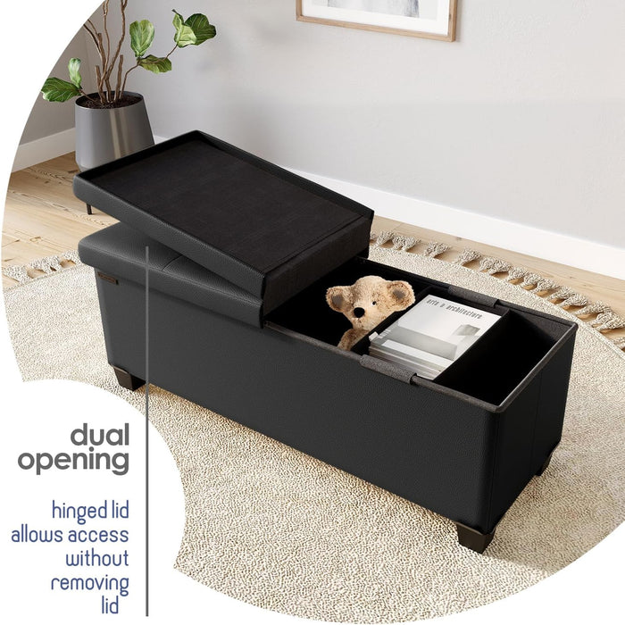 Storage Ottoman Bench with Bins, 43-In Storage Bench for Bedroom End of Bed, Folding Foot Rest Ottoman for Living Room Max 660Lbs, Faux Leather Ottomans, Black