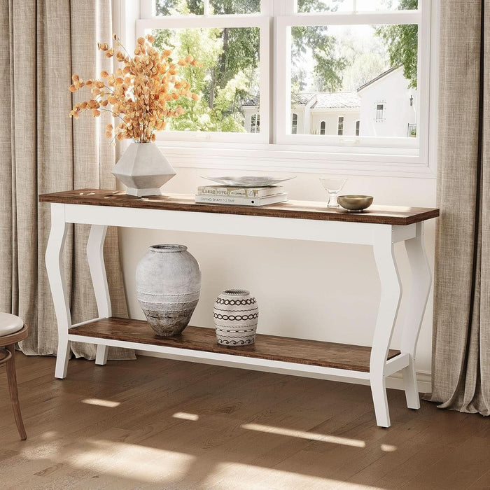 70.9 Inches Long Console Table, 2-Tier Vintage Wooden Sofa Table behind the Couch with Metal Legs for Hallway, Entryway, Living Room, Brown & White