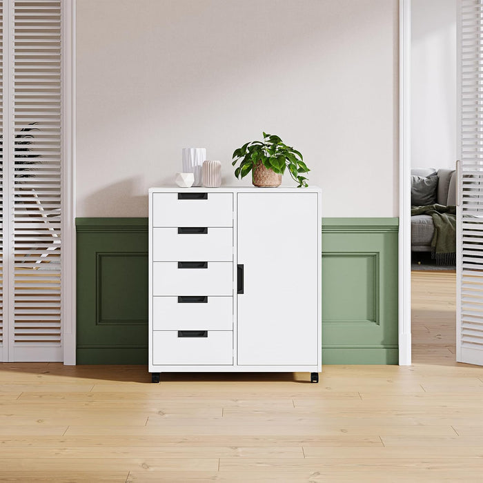 White Five-Drawer Movable Storage Cabinet For Home