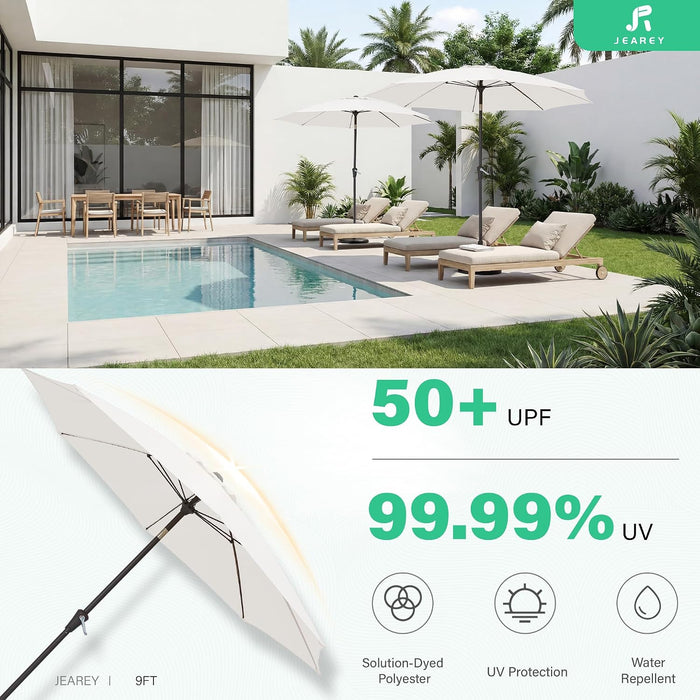 9FT Outdoor Patio Umbrella,Market Table Umbrella with 8 Fiberglass Ribs, Pool Umbrella with Tilt and Crank, UV Protection Lightweight & Wind-Resistant for Lawn, Garden, Deck and Backyard, Cream White