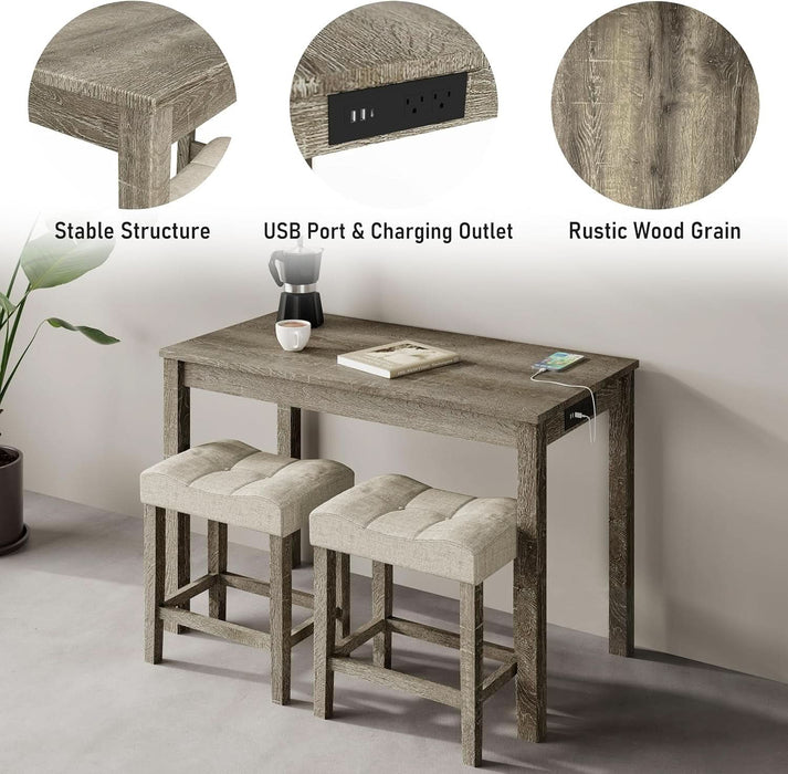 3-Piece Counter Height Bar Table Set with Socket and 2 Fabric Padded Bar Stools, Tall Kitchen Breakfast Dining Table Set with Stools (1+2 Natural)