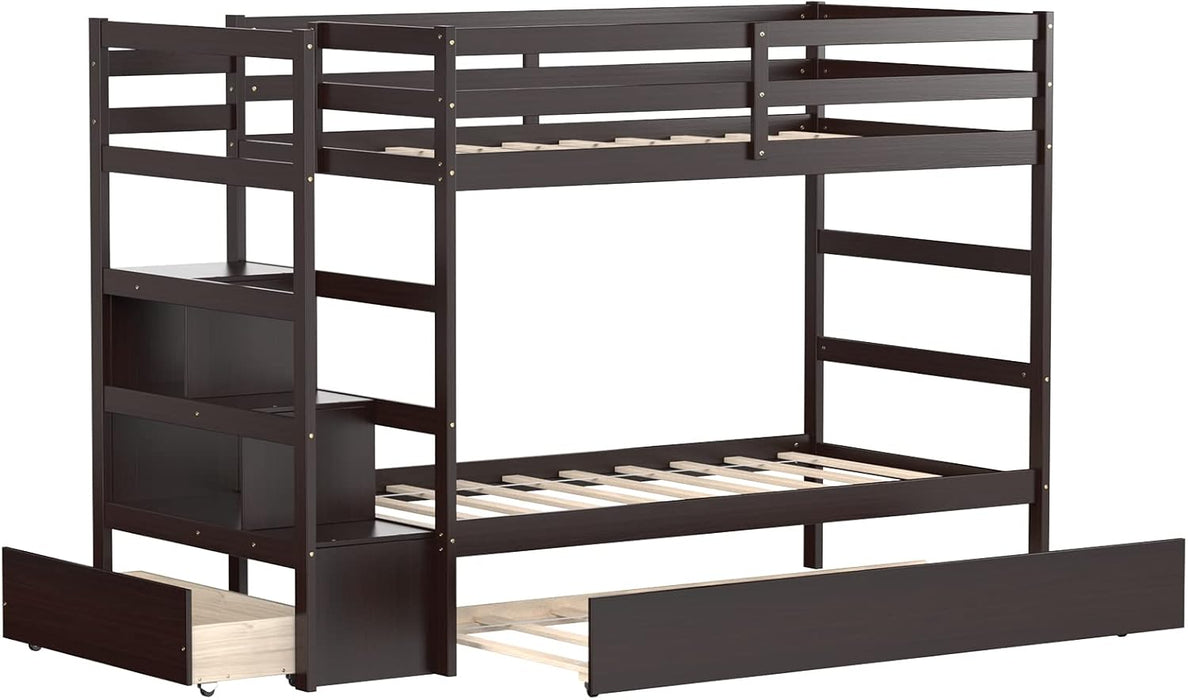 Espresso Solidwood Twin Bunk Bed With TrundleStorage