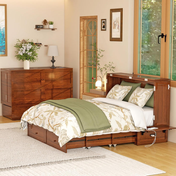 Solid Wood Murphy Bed Cabinet：Queen Size Murphy Bed with USB Charging Station and Large Storage Drawer for Home，Optimize Sleeping Space（Mattress Not Included） Teak-1