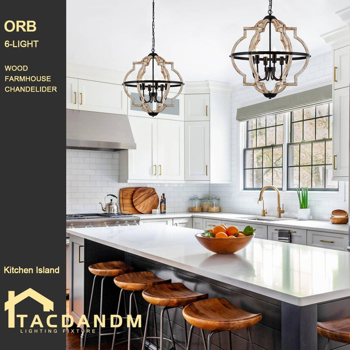 6-Light Farmhouse Chandelier for Dining Room Wood Pendant Lighting