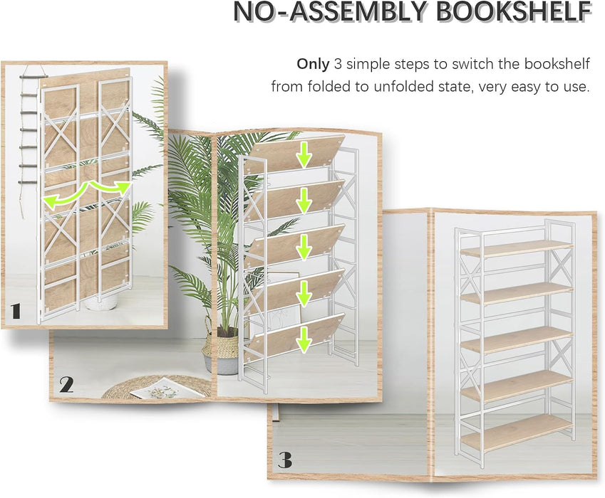 Extra Wide 5 Tiers No Assembly Book Shelves, 51.2" H Folding Bookshelf Bookcase Open Industrial Foldable Shelves for Bedroom, Living Room, Home Office - Natural White