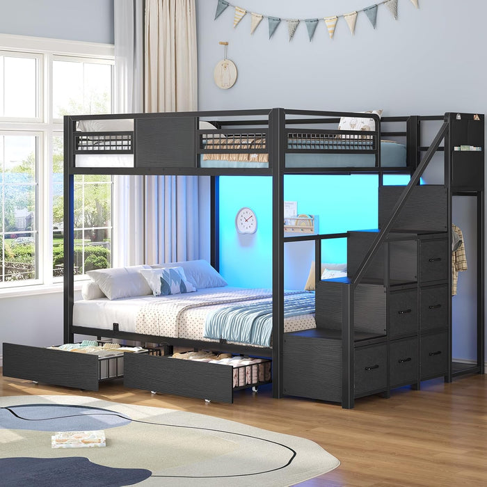 Black FullOverFull Bunk Bed LEDLighting Quality Durable