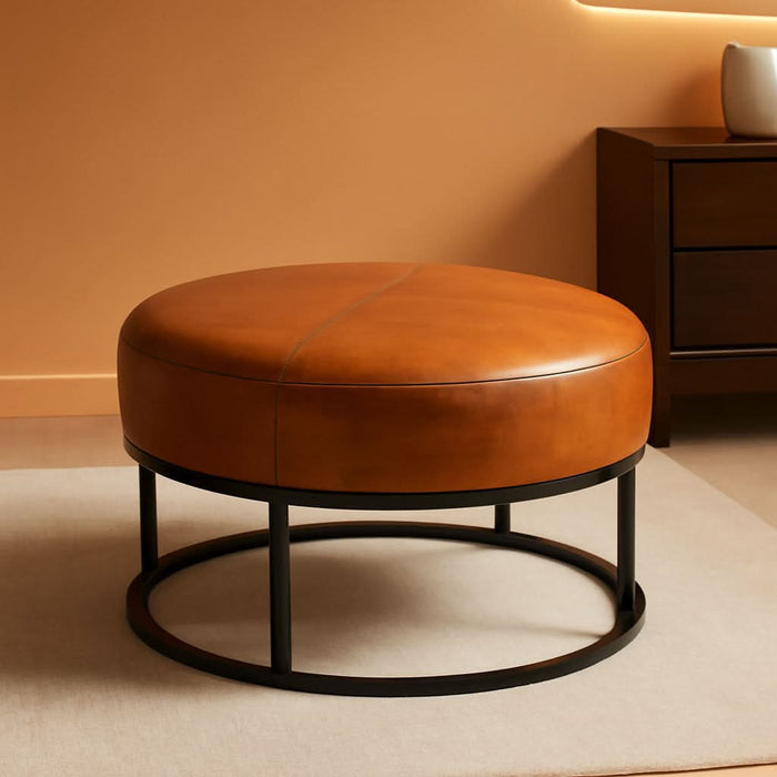 Modern round Coffee Table, Farmhouse Ottoman for Living Room, Large Vintage Leather Coffee Tables with Leather Upholstered Padded Seat [Round, Vintage Brown, 30'']