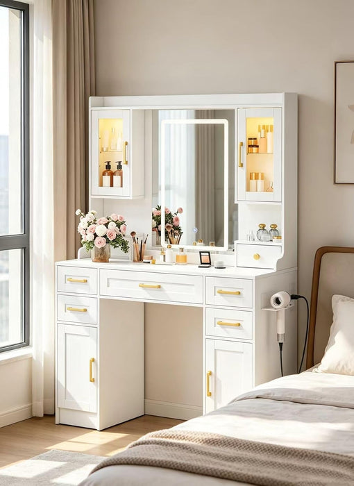 Vanity Desk with Mirror and LED Lights & Power Outlet, Large Makeup Vanity Table with 5 Drawers and 4 Storage Cabinets, White Dressing Table for Bedroom