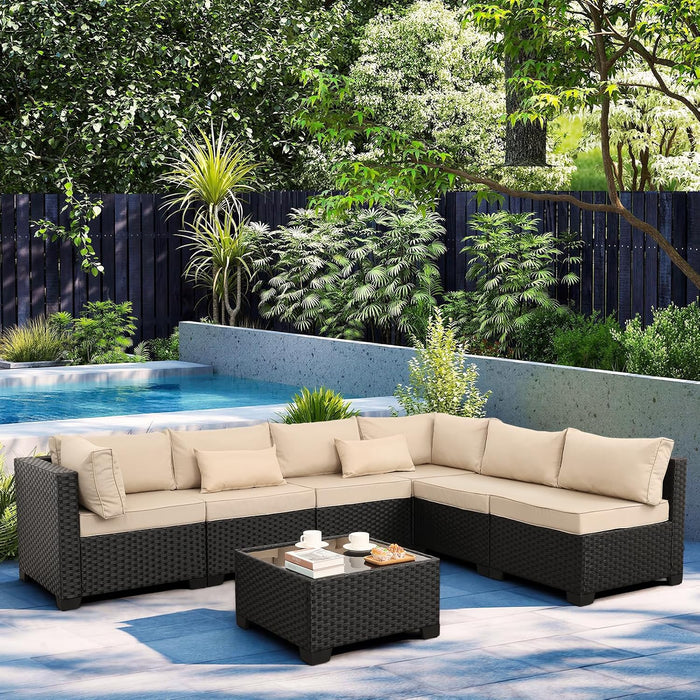 7 Pieces Outdoor PE Wicker Furniture Set Patio Rattan Sectional Conversation Sofa Set with Khaki Cushions and Glass Top Table