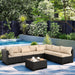 7 Pieces Outdoor PE Wicker Furniture Set Patio Rattan Sectional Conversation Sofa Set with Khaki Cushions and Glass Top Table
