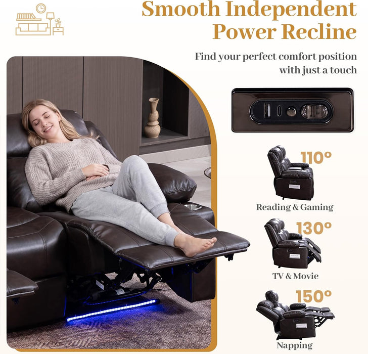 Power Reclining Sofa with Colorful LED Lights, Wall Hugger Reclining Sofa, Space-Saving RV Sofa with USB Charging & Side Pocket for Living Room, Apartment (Brown, Sofa) | Wall Hugger, LED Lights, RV Sofa