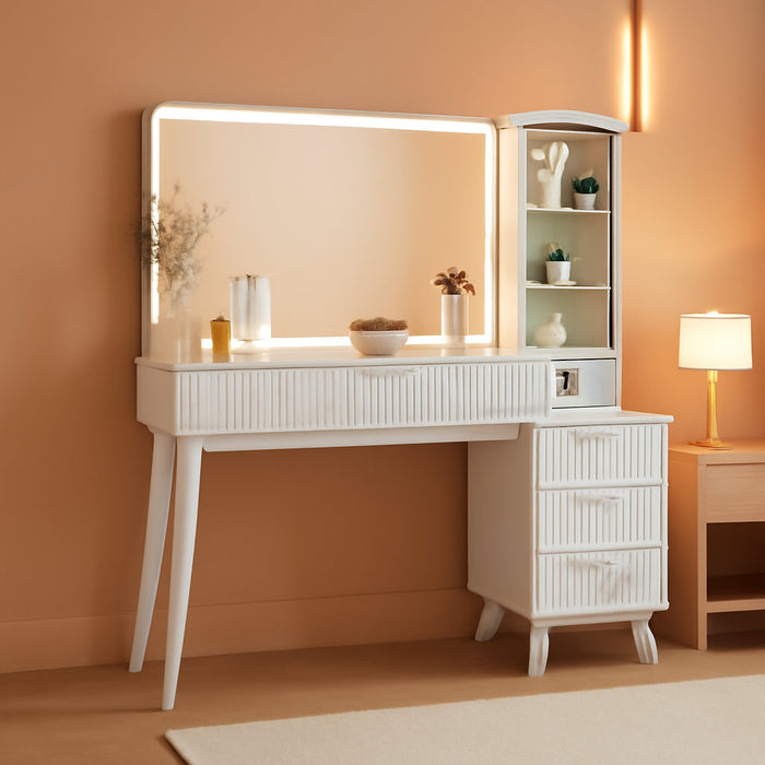 48" Fluted Makeup Vanity Desk with Large 36" Mirror and Lights, Modern Glass Top Big Vanity Table with 5 Drawers & Adjustable Shelves, Dressing Table Set W/Charging Station for Bedroom, White