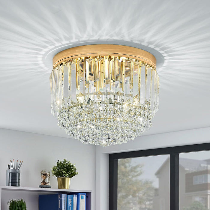 Modern 3-Lights Crystal Chandelier French Gold,11.8" Semi Flush Mount Crystal Ceiling Light LED round Chandelier Light E12 Base for Bedroom Living Room