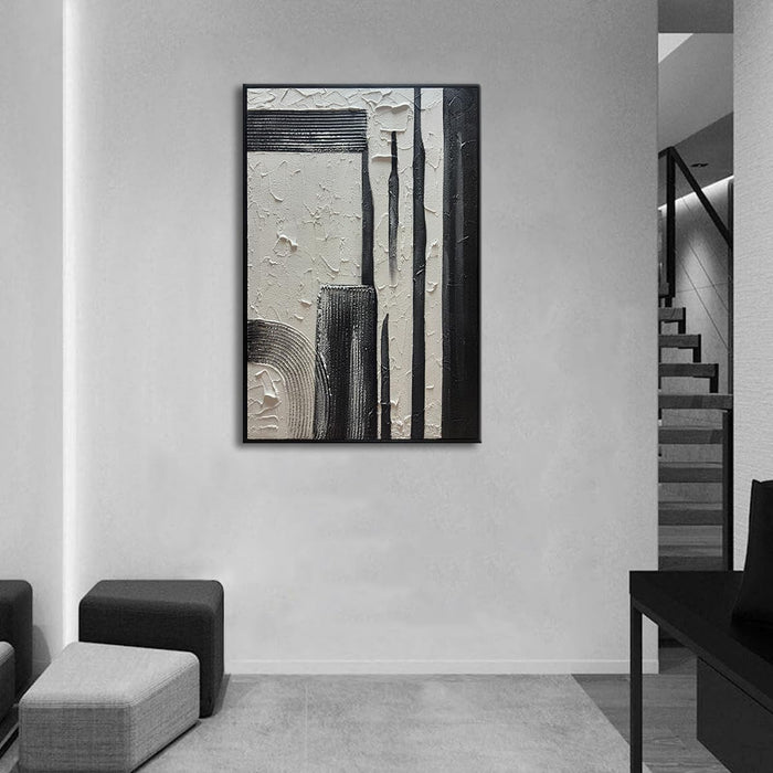 Hand Painted Black and White Textured Wall Art Black Framed Abstract Oil Paintings on Canvas Large Texture Minimalism Artwork for Home Decorations